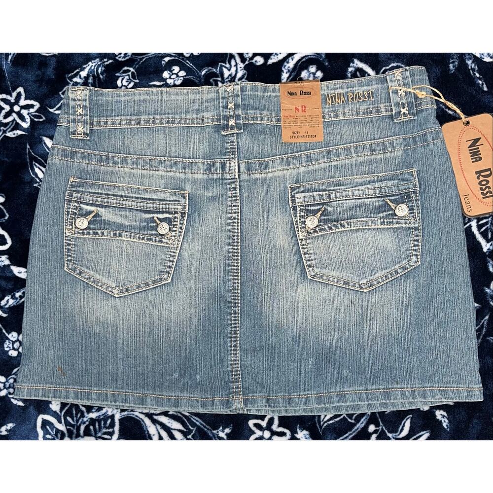NWT! Nina Rossi Distressed Embellished Jean Mini Skirt - Picture 2 of 7